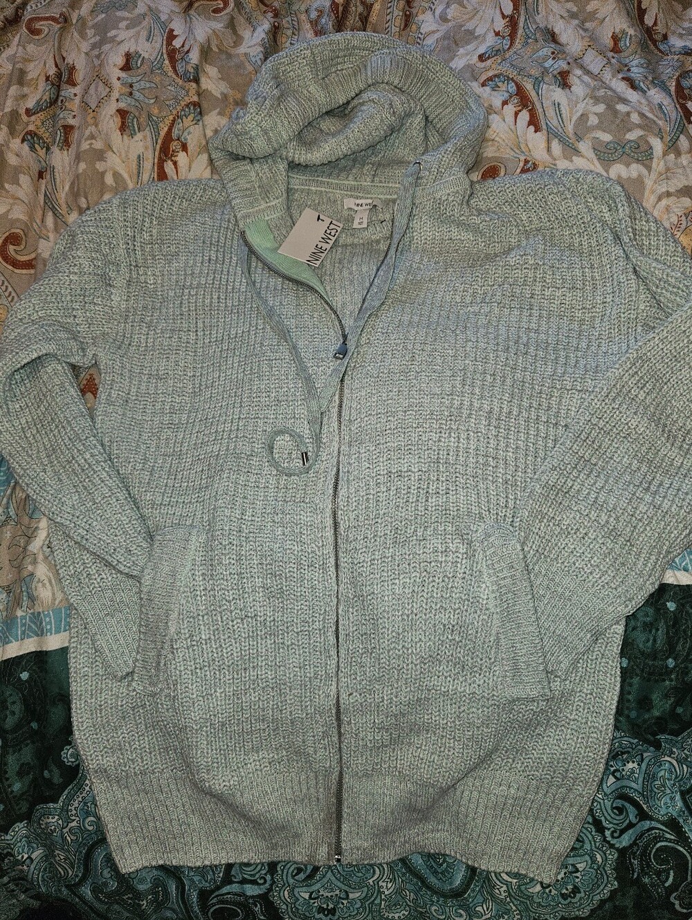 Nine West Zipper Hooded Hoodie Sweater Cardigan NWT MED Mint Green